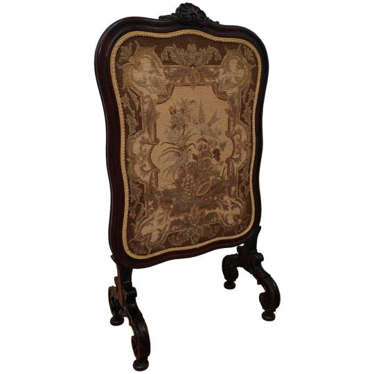 Antiek Victoriaans Gobelin Haardscherm Notenhout 1