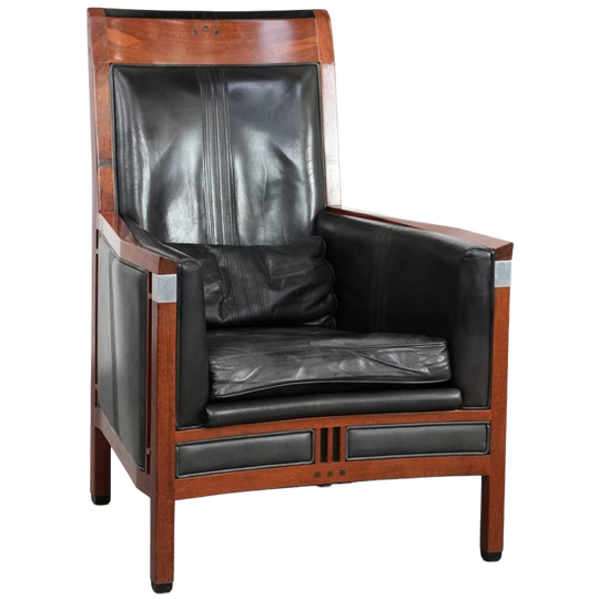 Zwarte Rundleren En Houten Art Deco Design Fauteuil Van Schuitema Uit De Decoforma Serie 1