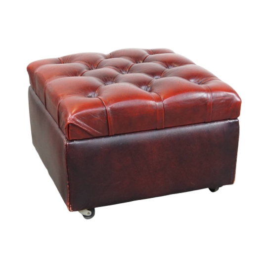 Rode Rundleren Vierkante Chesterfield Hocker/ Opberg Poef 1