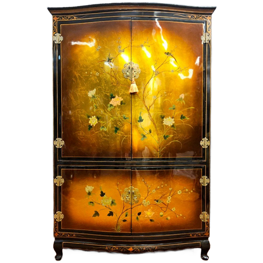Vintage Chinese Kast Vogels, Bloemen Bladgoud Bohemian Kast / Oosterse Kast / Chinese Cabinet 1