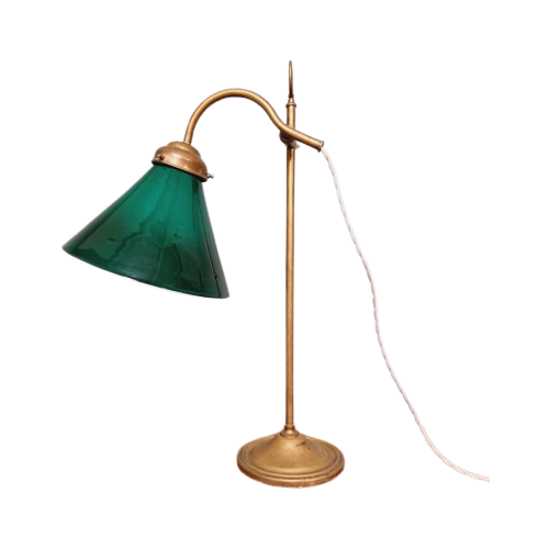 Art Deco Bureaulamp In Messing En Groene Conische Opaline