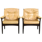 Leuke Set Zweedse Vintage Design Fauteuils Van G Möbel Cremé/ Beige Leer En Donker Hout thumbnail 1