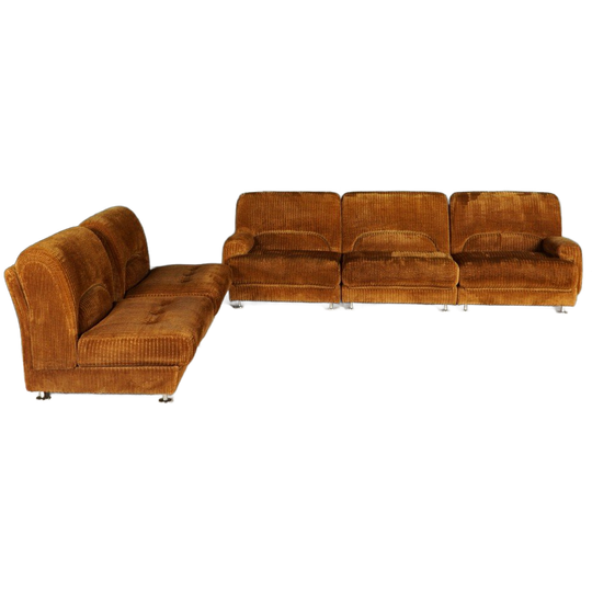 Midcentury Modulaire Bank – Bruine Ribstof – Jaren 70 1