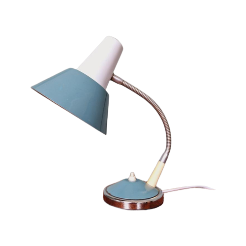 Vintage Bureaulamp Van Blauw En Wit Gelakt Metaal