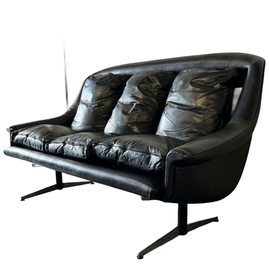 Vintage Zwart Lederen Driezit / Fauteuil / Zetel 1