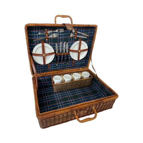 Vintage Wicker Suitcase / Picknick Basket - Complete Set Including Plates, Cutlery And Mugs