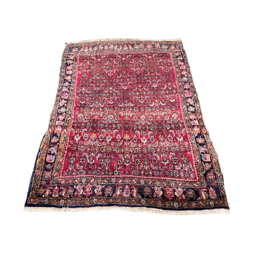 Perzisch Hosseinabad Vloerkleed Rood 120X160Cm - Vintage Tapijt - Rood Beige Donkerblauw - Reliving