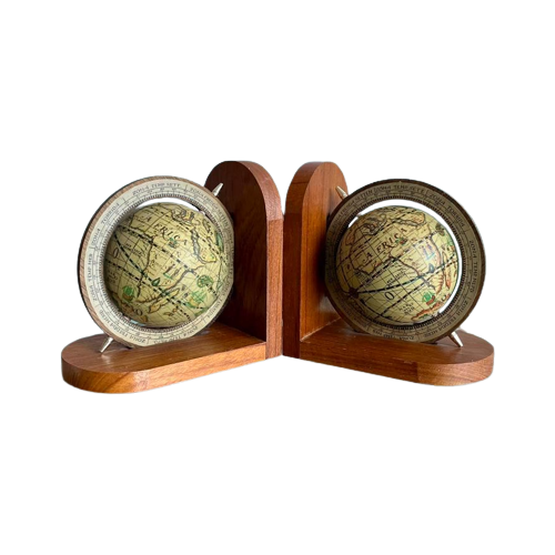 2X Vintage Boekensteunen Wereldbol Globe