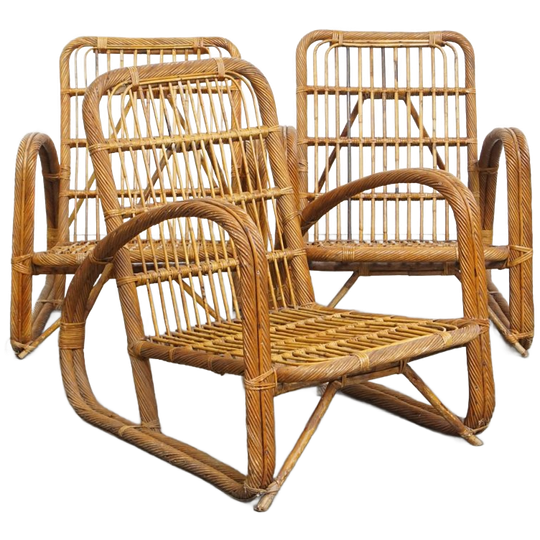 Set Van 3 Luxe Franse Rotan Vintage Design Fauteuils Uit De Jaren ’50 1