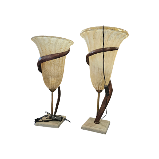 Large Jugendstil Floor / Table Lamps / Bronze Colored / Stone Base With Italian Glass Shade 1