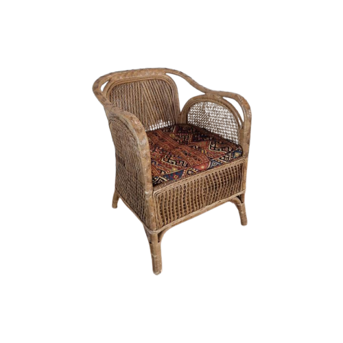 Vintage Rotan Fauteuil Boho Stijl Met Kussen.