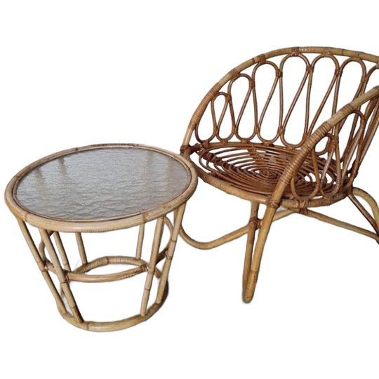 Vintage Rotan Set Stoel En Tafel Met Wolkenglas Rohe Noordwolde 1