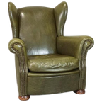 Vintage Leren Oorfauteuil, Groen thumbnail 1