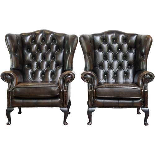 Set Van 2 Donkerbruine Vintage Rundleren Engelse Chesterfield Oorfauteuils