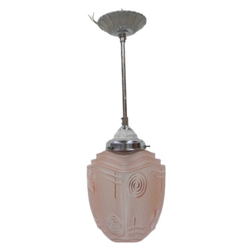 Art Deco Hanglamp Met Roze Glazen Kap