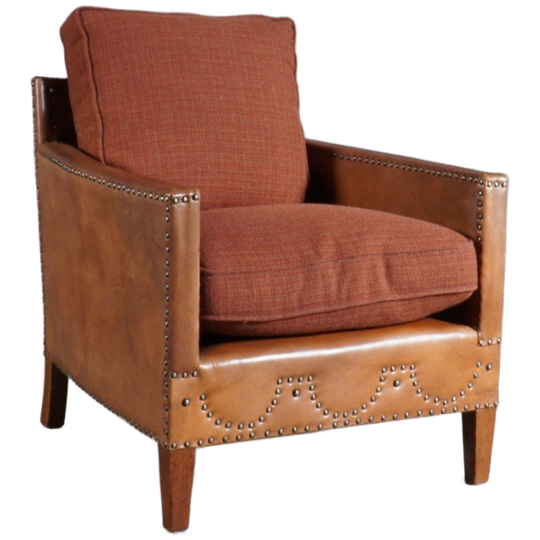 Vintage Lederen Fauteuil – Metalen Nagels – Stoffen Kussens 1