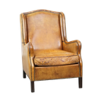 Comfortabele En Cognac-Kleurige Vintage Schapenleren Fauteuil Met Een Hoge Rug thumbnail 1