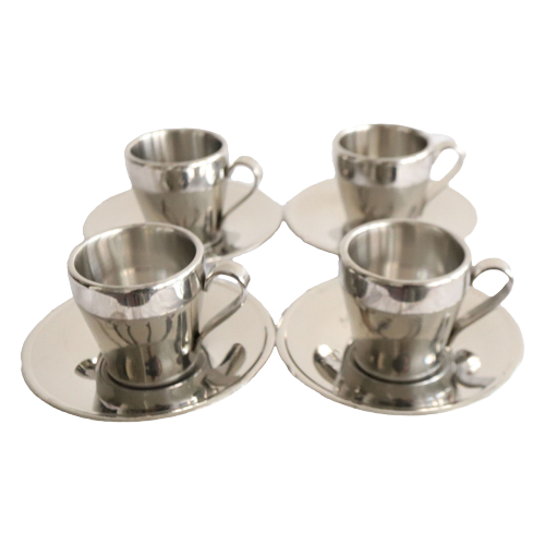 Set Van 4 Vintage Dubbelwandig Espresso Kop En Schotels, Italie Jaren '80