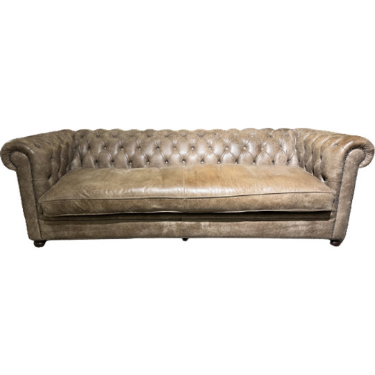 Prachtige Xl Chesterfield 3,5 Zits Bank Vintage Taupe Bruin Leer 1