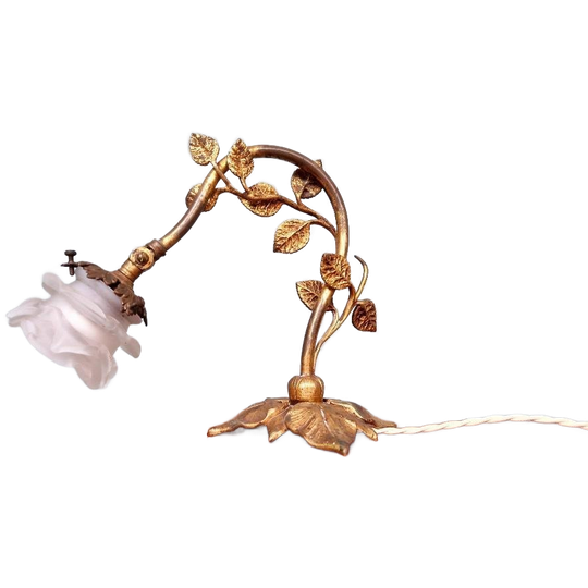 Vergulde Bronzen Tafellamp, Florale Decoratie, 1910-20s 1