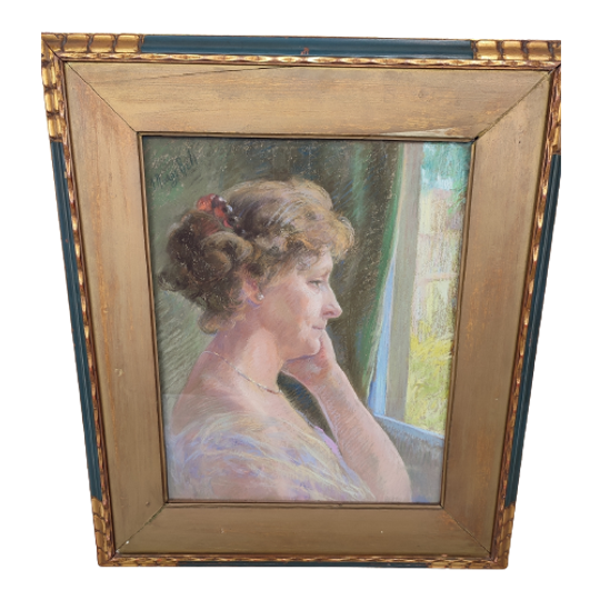 Marguerite Reh - Pastel - Dame Die Uit Het Raam Kijkt 1