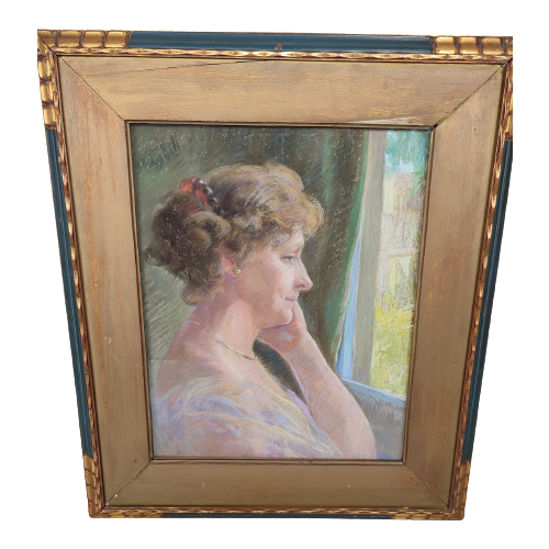 Marguerite Reh - Pastel - Dame Die Uit Het Raam Kijkt