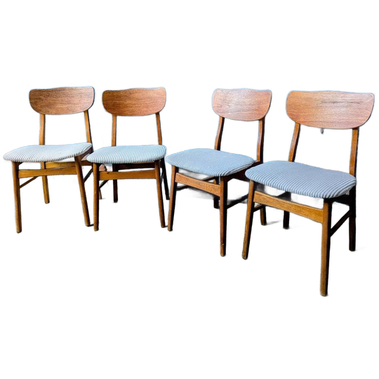 4x Vintage Teak Eetstoelen- Wit Ribstof- Denemarken 1960 1