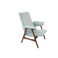 Vintage Fauteuil Teakhout Licht Blauwe Ribstof Nieuw