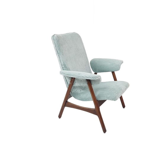 Vintage Fauteuil Teakhout Licht Blauwe Ribstof Nieuw 1