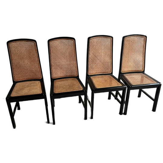 Set Of 4 Black Lacquered Cane Dining Chairs, 1980s 1