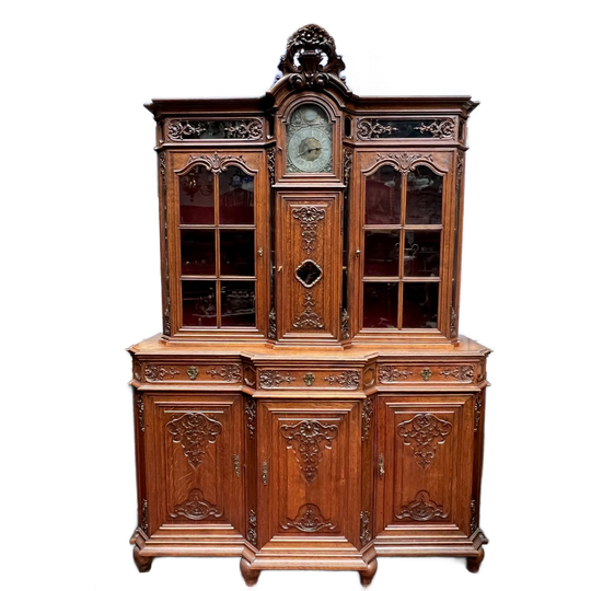 Antiek Rococo Buffet - Vitrinekast Met Ingebouwde Klok. 1