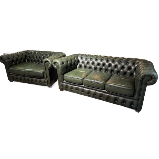 Chique Chesterfield Zithoek 3+2 Zits Antiek Groen Leer 1