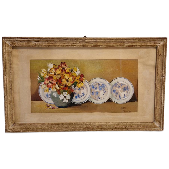 Oude Aquarel In Lijst Schilderij Met Bloemen En Wandbord 1