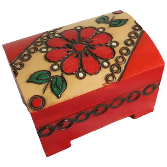 Vintage Klein Houten Doos Versierd Met Rood/Groenen Bloem. 1