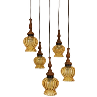 Vintage Grote Cascade Hanglamp Met 5 Glas En Hout Lampen