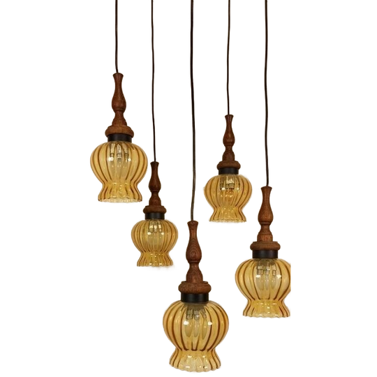 Vintage Grote Cascade Hanglamp Met 5 Glas En Hout Lampen 1