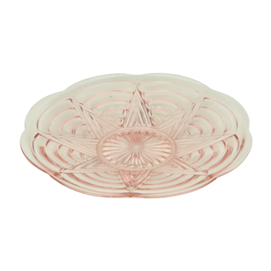 Vintage Art Deco Platte Fruitschaal Roze Geperst Glas 1