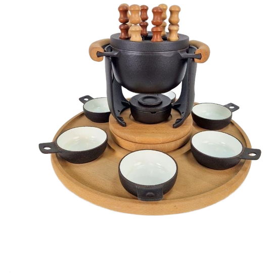 Vintage Fonduepan Set Nissen Gietijzer Hout Zweden '60 Nos 1