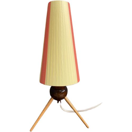 Table Lamp In Yellow And Red Ribbon, Wood Tripod Base 1950S