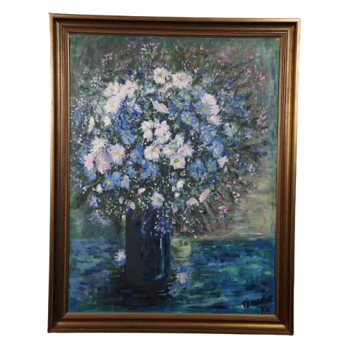 Schilderij Met Een Stilleven Van Een Vaas Met Blauwe En Witte Bloemen