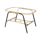 Leuke Vintage Jaren ’60 Rotan Salontafel Met Glazen Tafelblad Met Een Mooi Zwart Metalen Frame thumbnail 1