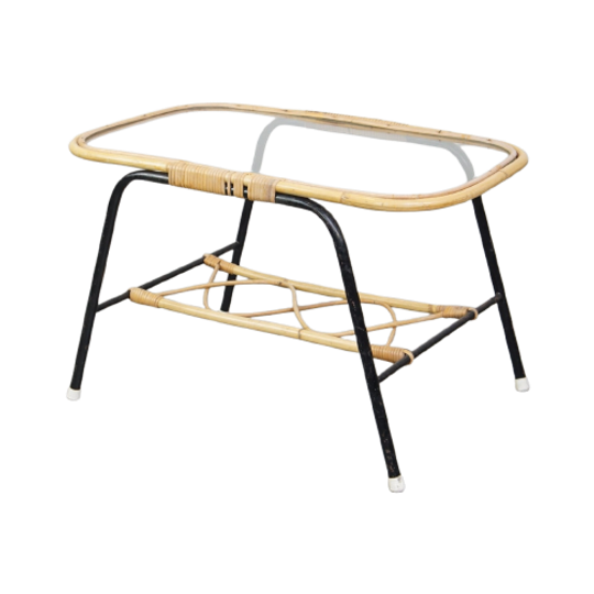 Leuke Vintage Jaren ’60 Rotan Salontafel Met Glazen Tafelblad Met Een Mooi Zwart Metalen Frame 1