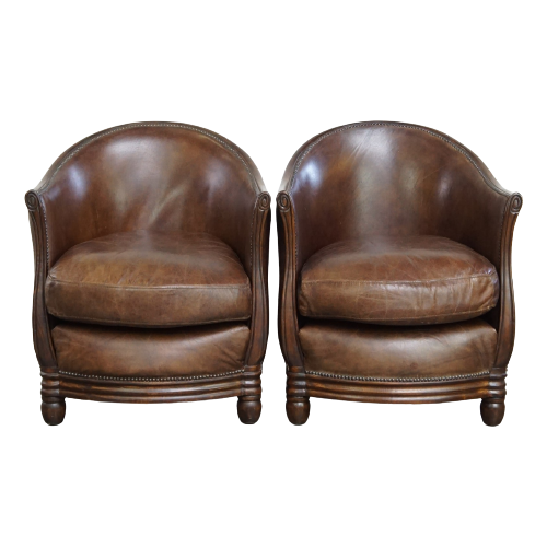 Set Van 2 Zeer Charmante Donker Cognac Kleurige Rundleren Clubfauteuils/ Herenkamer Fauteuils