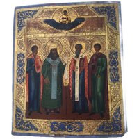 Russische Icoon, 19 De Eeuw - Jezus Christus In De Wolken Over 4 Uitverkoren Heiligen