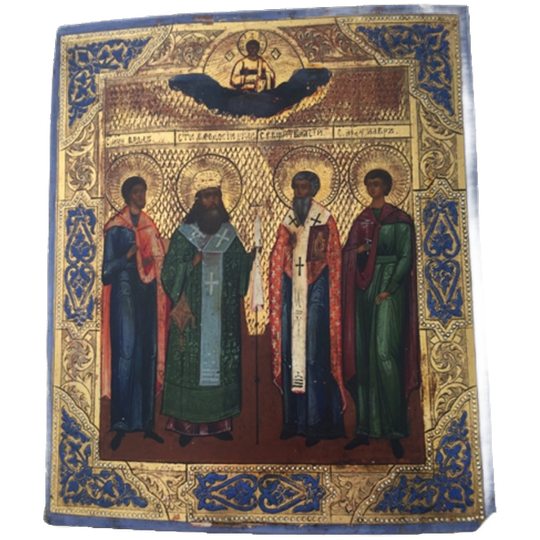 Russische Icoon, 19 De Eeuw - Jezus Christus In De Wolken Over 4 Uitverkoren Heiligen 1