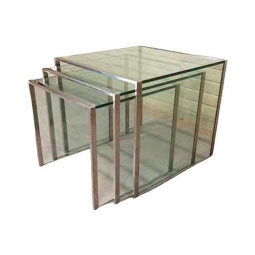 Vintage Glas En Chrome Mimiset Nesting Tables Bijzettafels