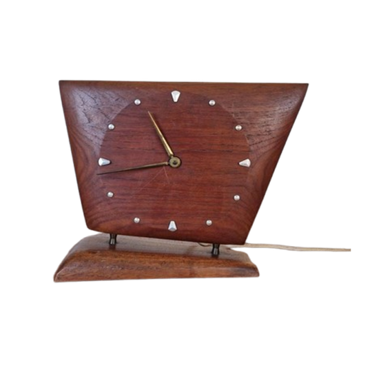 Vintage Elektrische Massief Teak Houten Tafelklok 1