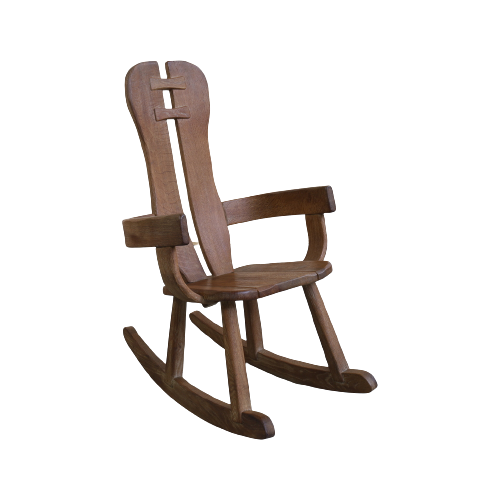 Brutalist Rocking Chair In Solid Oak By De Puydt, 1970S