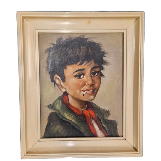 Vintage Olieverf Schilderij Op Doek Retro Jongen Met Sigaret 1