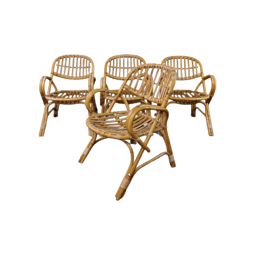 Prachtige Set Van 4 Rotan Dining/ Lounge Chairs Met Armleuningen